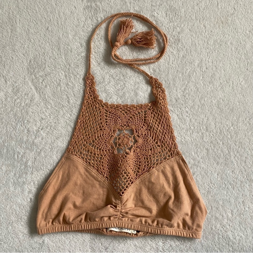 Volcom Crochet Halter Crop Top in Rust